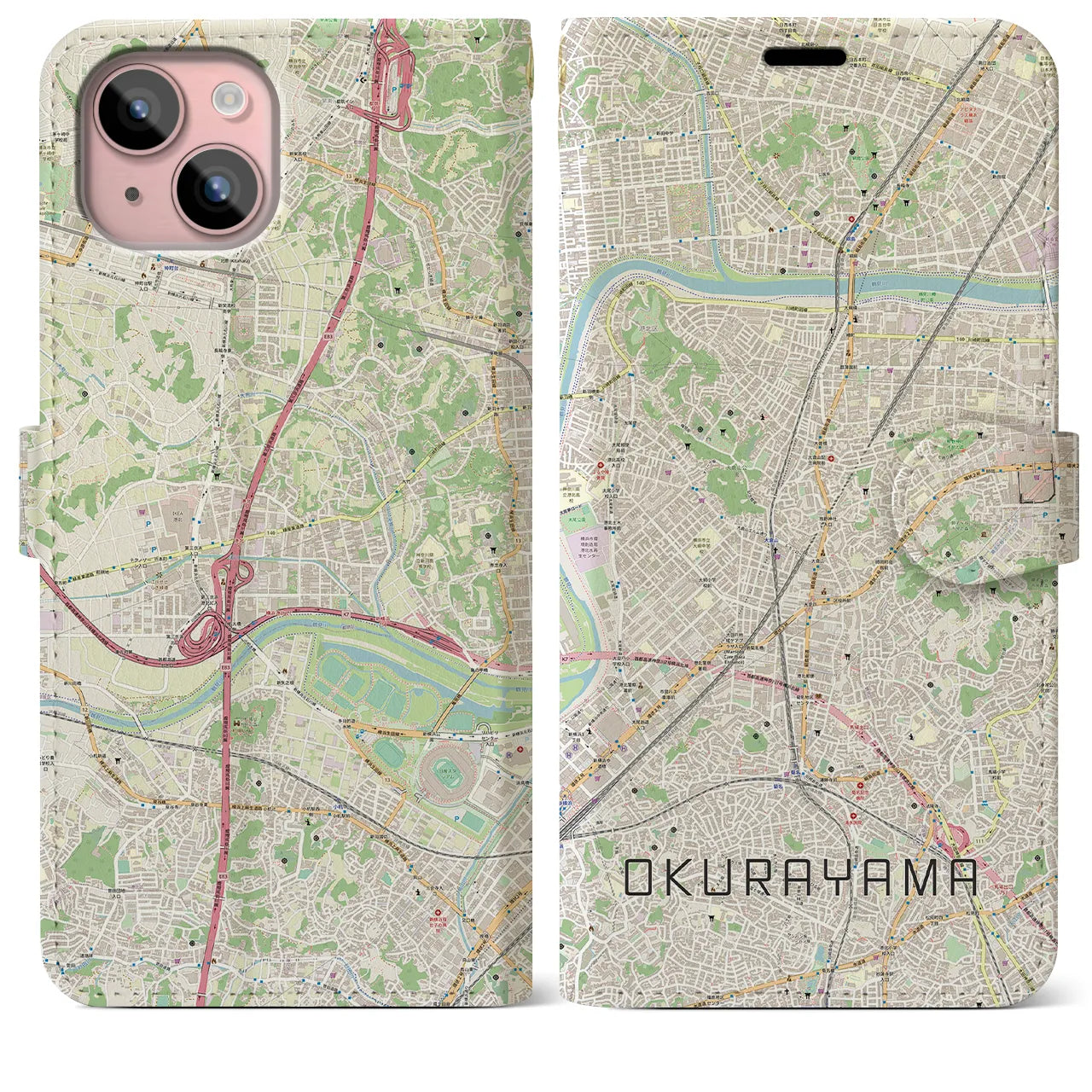 【大倉山(神奈川県)】地図柄iPhoneケース(手帳タイプ)ナチュラル・iPhone 15 Plus 用
