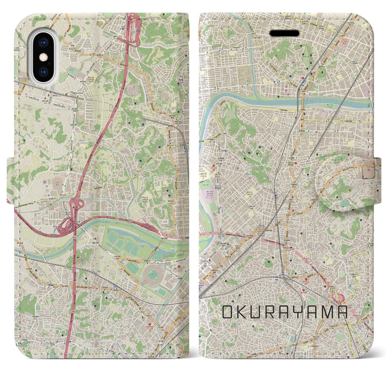 【大倉山(神奈川県)】地図柄iPhoneケース(手帳タイプ)ナチュラル・iPhone XS Max 用