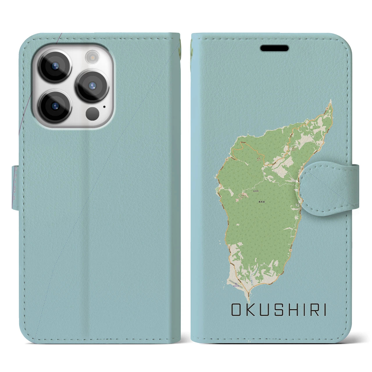 【奥尻(北海道)】地図柄iPhoneケース(手帳タイプ)ナチュラル・iPhone 14 Pro 用