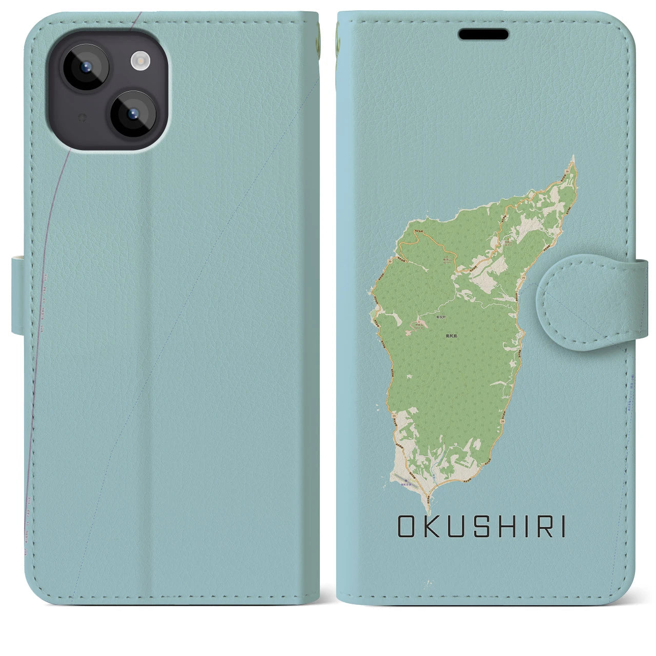 【奥尻(北海道)】地図柄iPhoneケース(手帳タイプ)ナチュラル・iPhone 14 Plus 用