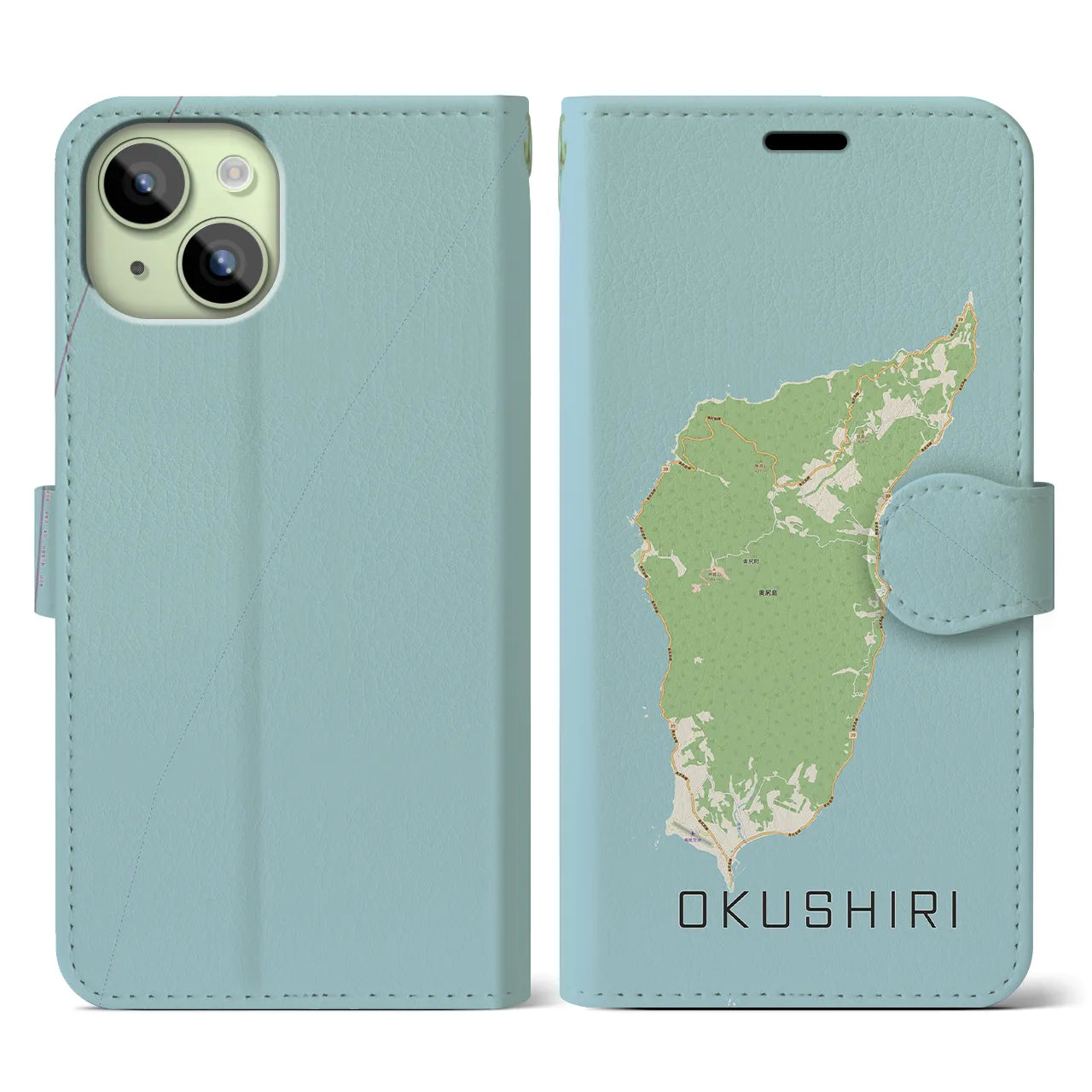 【奥尻(北海道)】地図柄iPhoneケース(手帳タイプ)ナチュラル・iPhone 15 用