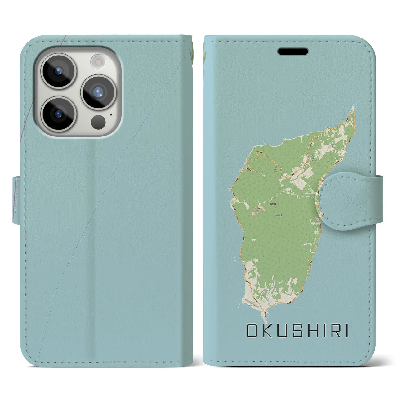 【奥尻(北海道)】地図柄iPhoneケース(手帳タイプ)ナチュラル・iPhone 15 Pro 用