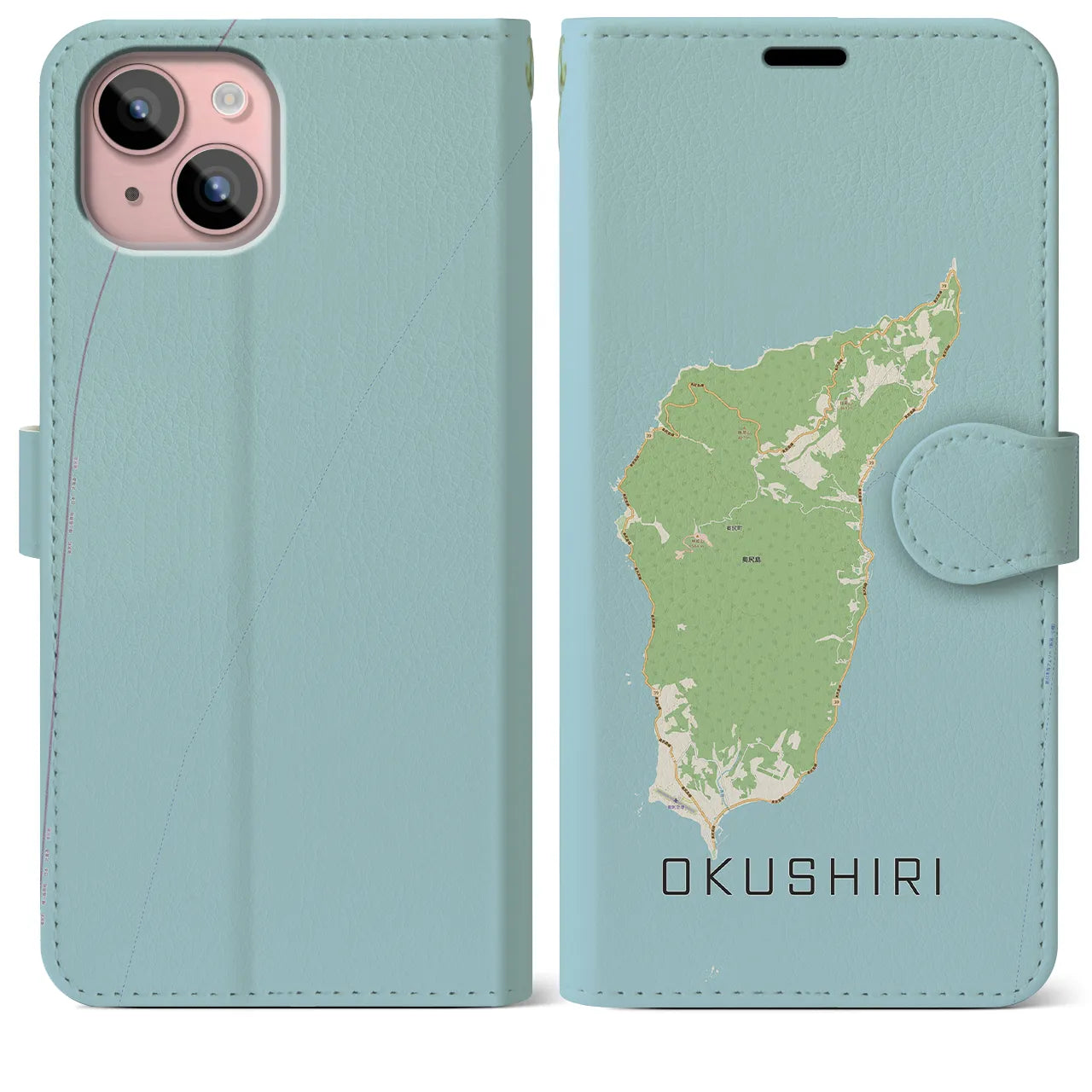 【奥尻(北海道)】地図柄iPhoneケース(手帳タイプ)ナチュラル・iPhone 15 Plus 用