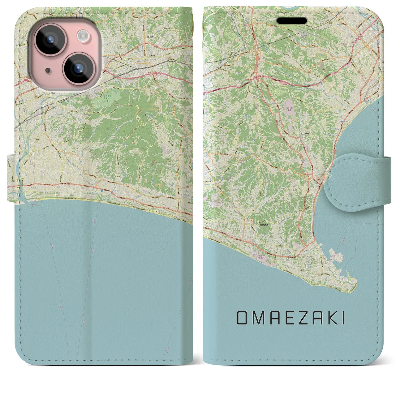 【御前崎(静岡県)】地図柄iPhoneケース(手帳タイプ)ナチュラル・iPhone 15 Plus 用