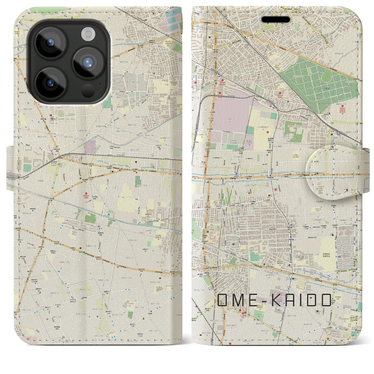 【青梅街道(東京都)】地図柄iPhoneケース(手帳タイプ)ナチュラル・iPhone 15 Pro Max 用