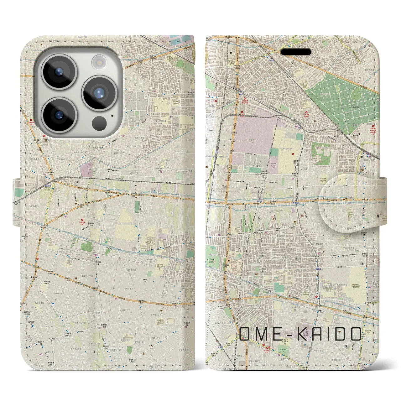 【青梅街道(東京都)】地図柄iPhoneケース(手帳タイプ)ナチュラル・iPhone 15 Pro 用