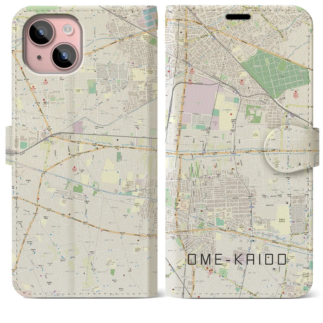 【青梅街道(東京都)】地図柄iPhoneケース(手帳タイプ)ナチュラル・iPhone 15 Plus 用