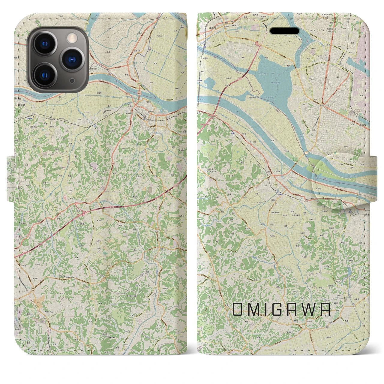 【小見川(千葉県)】地図柄iPhoneケース(手帳タイプ)ナチュラル・iPhone 11 Pro Max 用