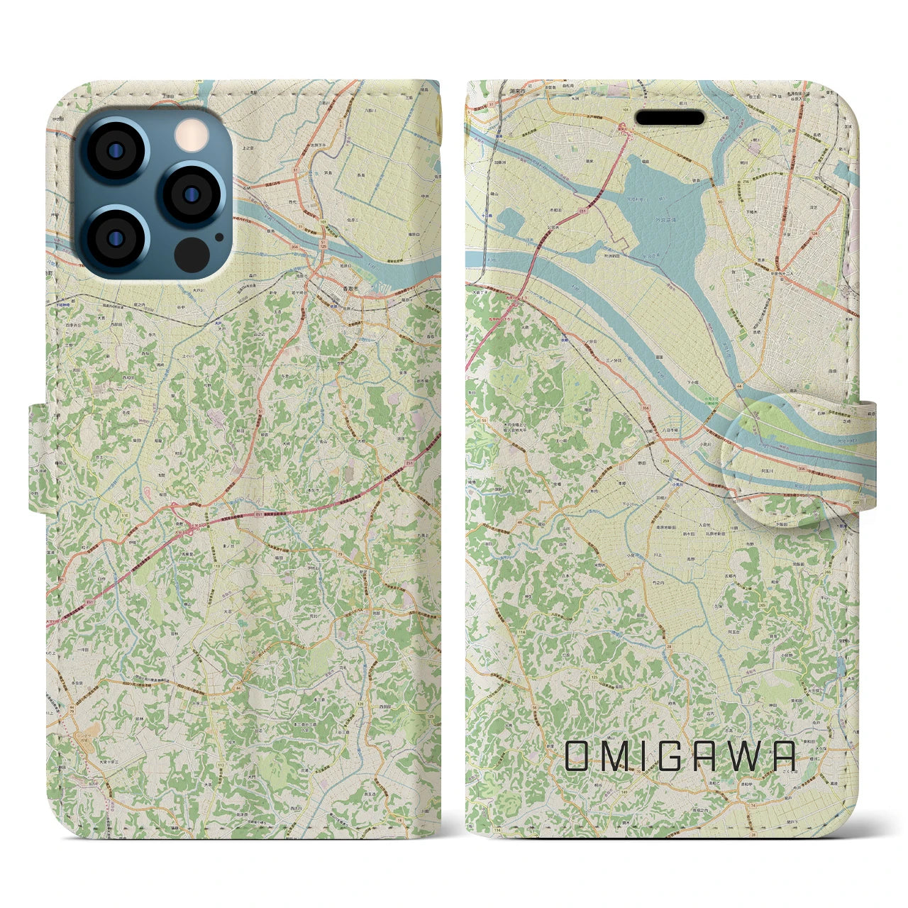 【小見川(千葉県)】地図柄iPhoneケース(手帳タイプ)ナチュラル・iPhone 12 / 12 Pro 用