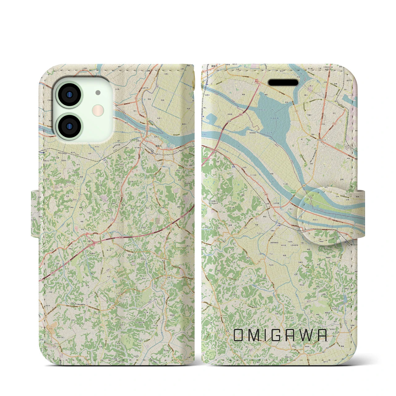 【小見川(千葉県)】地図柄iPhoneケース(手帳タイプ)ナチュラル・iPhone 12 mini 用