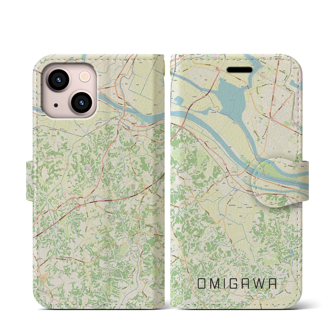 【小見川(千葉県)】地図柄iPhoneケース(手帳タイプ)ナチュラル・iPhone 13 mini 用