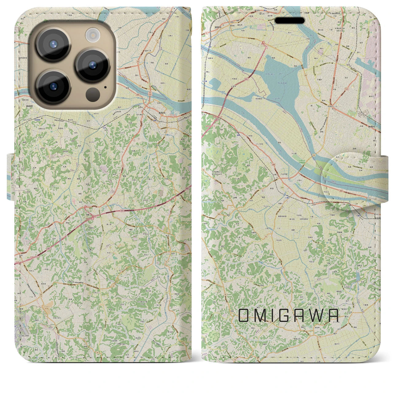 【小見川(千葉県)】地図柄iPhoneケース(手帳タイプ)ナチュラル・iPhone 14 Pro Max 用