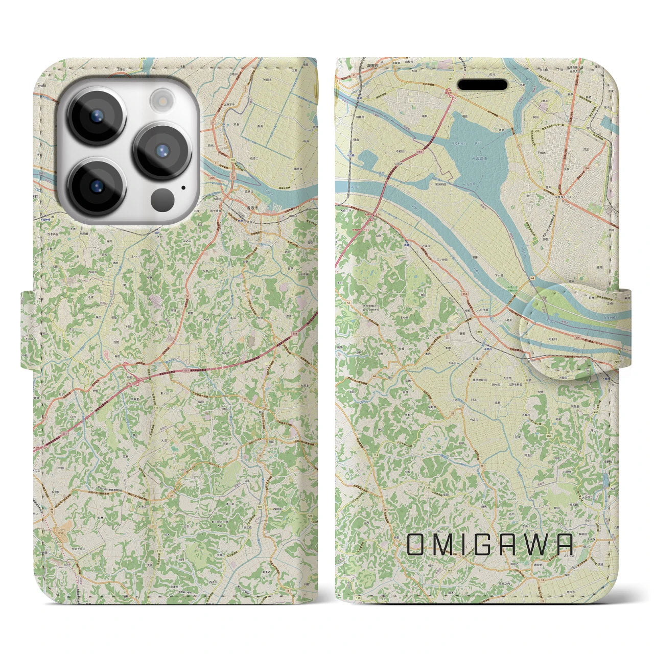【小見川(千葉県)】地図柄iPhoneケース(手帳タイプ)ナチュラル・iPhone 14 Pro 用