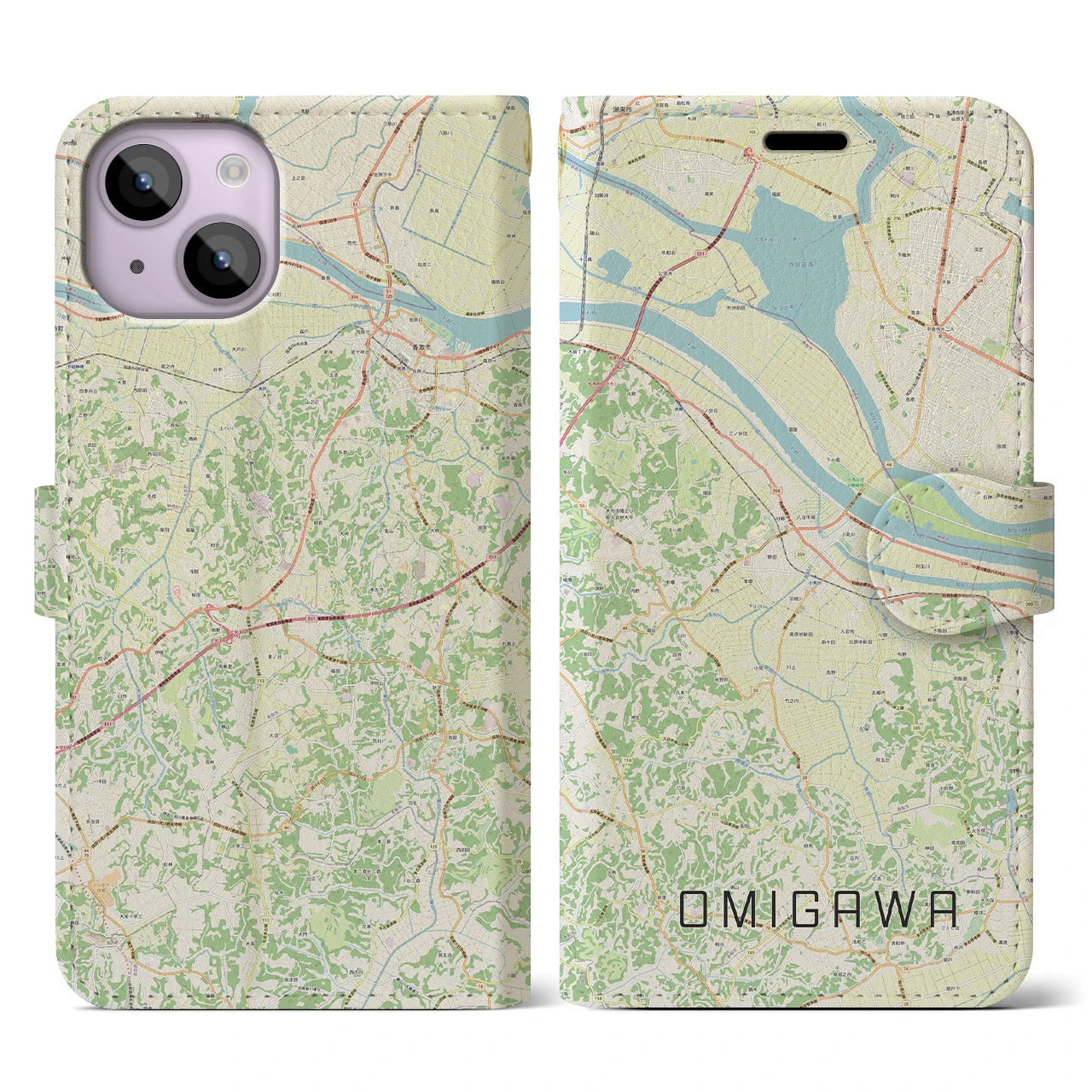 【小見川(千葉県)】地図柄iPhoneケース(手帳タイプ)ナチュラル・iPhone 14 用