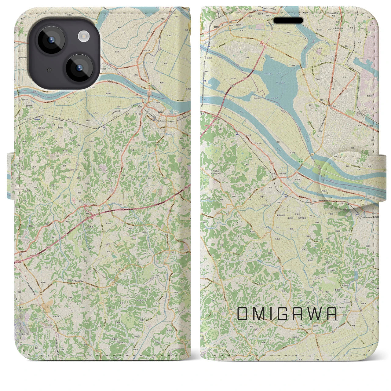 【小見川(千葉県)】地図柄iPhoneケース(手帳タイプ)ナチュラル・iPhone 14 Plus 用