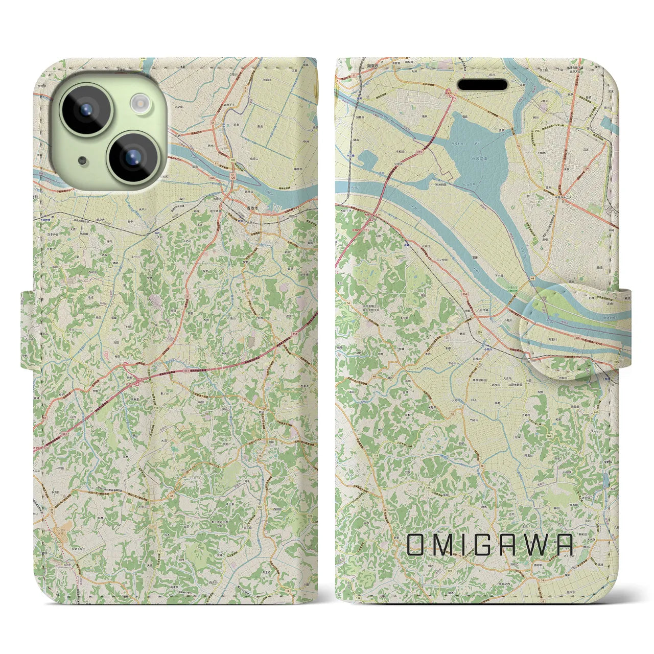 【小見川(千葉県)】地図柄iPhoneケース(手帳タイプ)ナチュラル・iPhone 15 用
