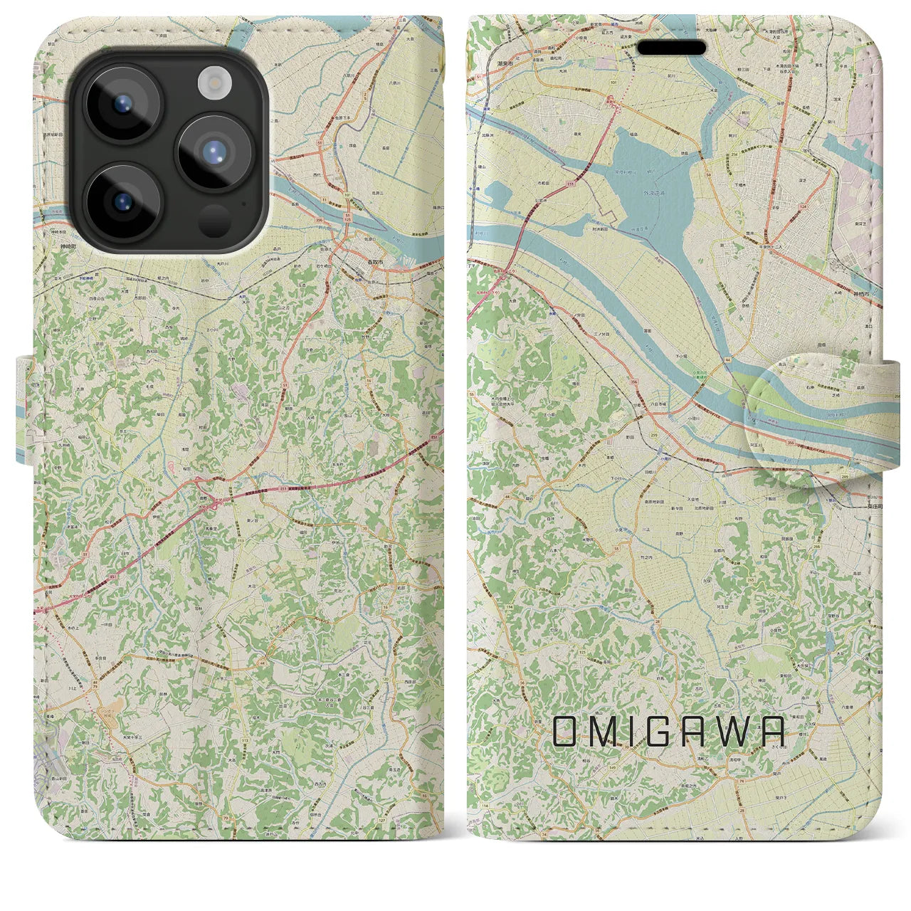 【小見川(千葉県)】地図柄iPhoneケース(手帳タイプ)ナチュラル・iPhone 15 Pro Max 用