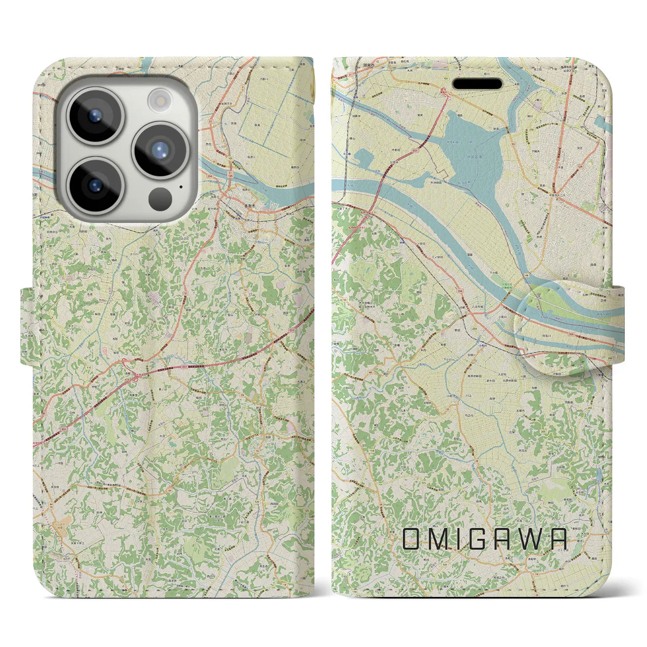 【小見川(千葉県)】地図柄iPhoneケース(手帳タイプ)ナチュラル・iPhone 15 Pro 用