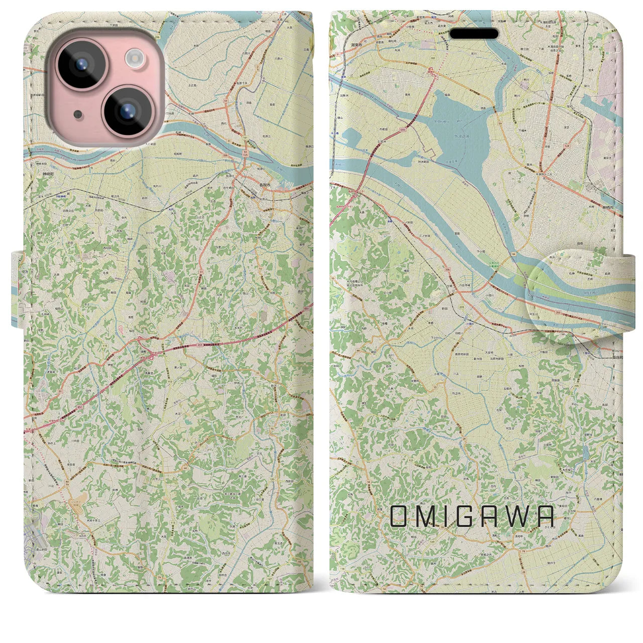 【小見川(千葉県)】地図柄iPhoneケース(手帳タイプ)ナチュラル・iPhone 15 Plus 用