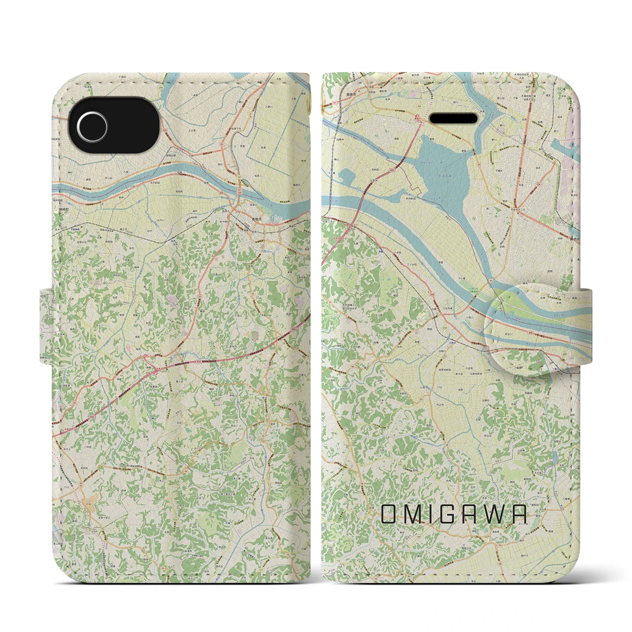 【小見川(千葉県)】地図柄iPhoneケース(手帳タイプ)ナチュラル・iPhone SE(第3 / 第2世代) / 8 / 7 / 6s / 6 用