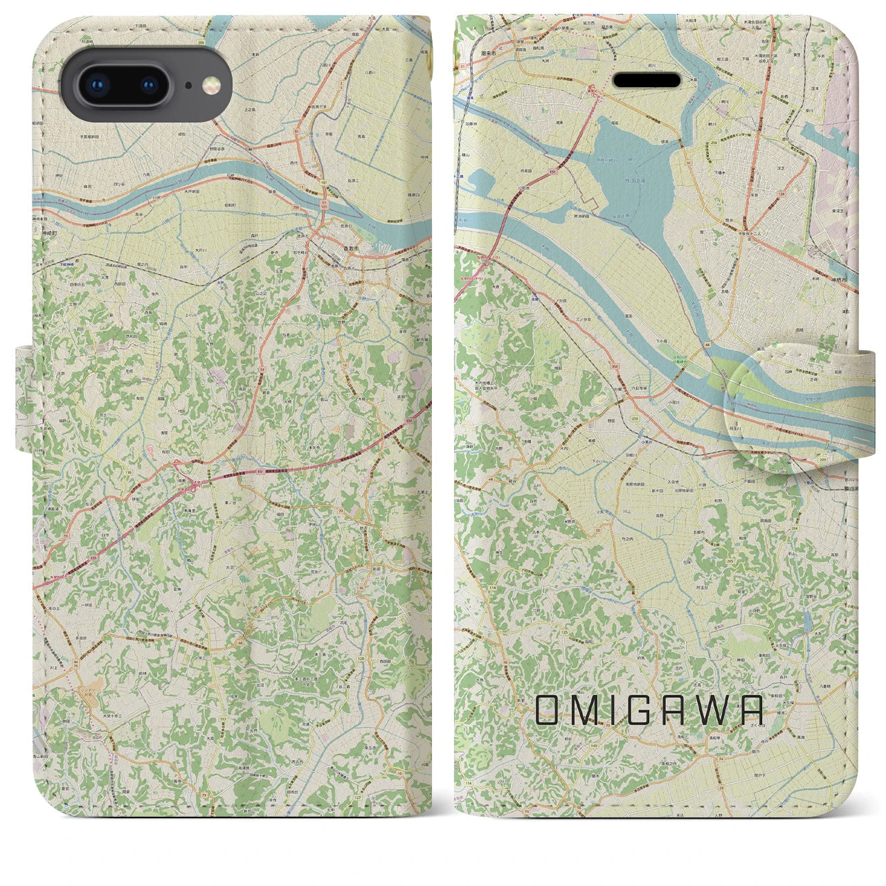 【小見川(千葉県)】地図柄iPhoneケース(手帳タイプ)ナチュラル・iPhone 8Plus /7Plus / 6sPlus / 6Plus 用