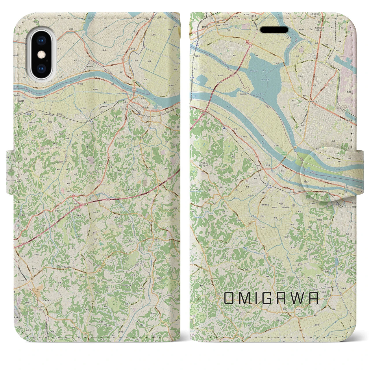 【小見川(千葉県)】地図柄iPhoneケース(手帳タイプ)ナチュラル・iPhone XS Max 用