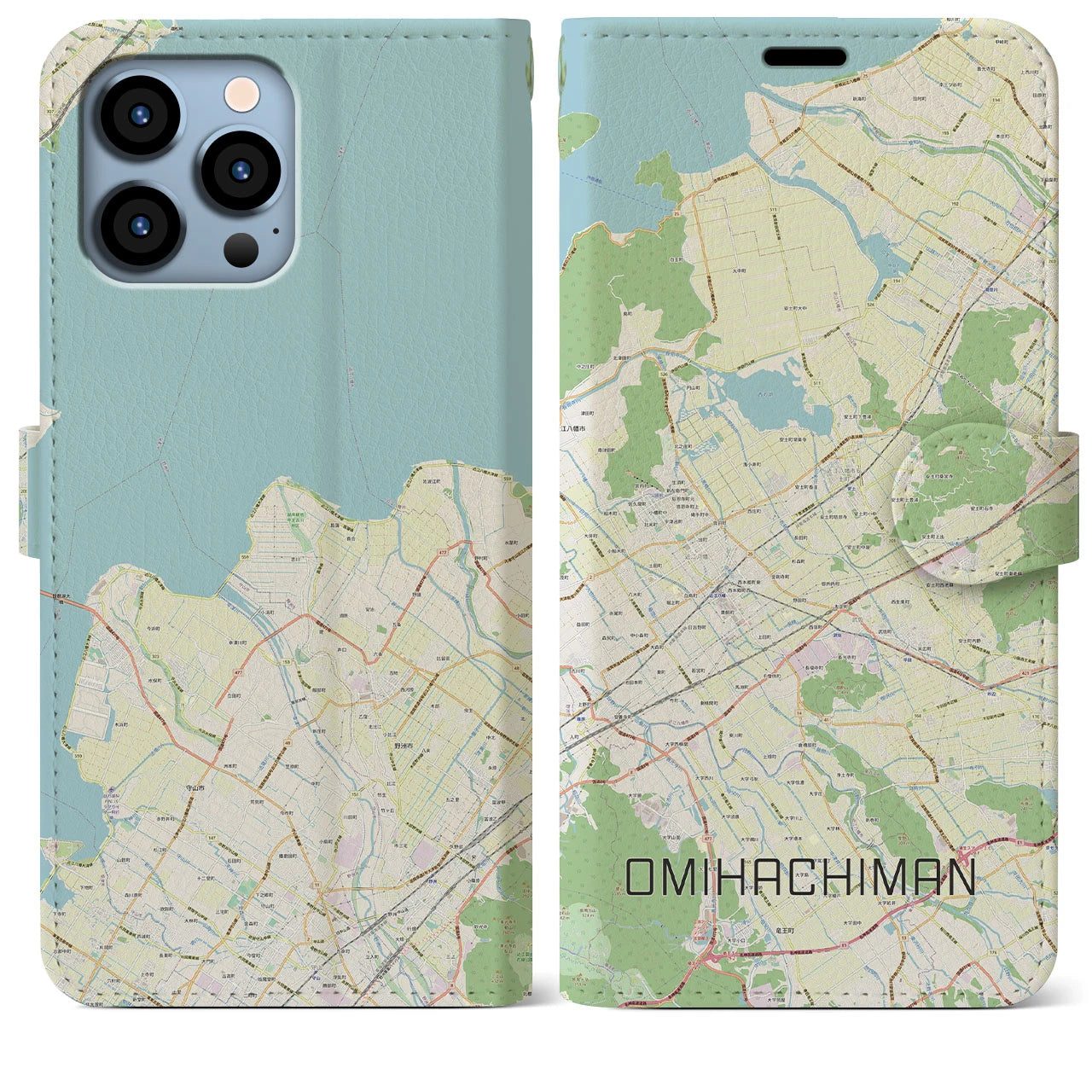 【近江八幡2(滋賀県)】地図柄iPhoneケース(手帳タイプ)ナチュラル・iPhone 13 Pro Max 用