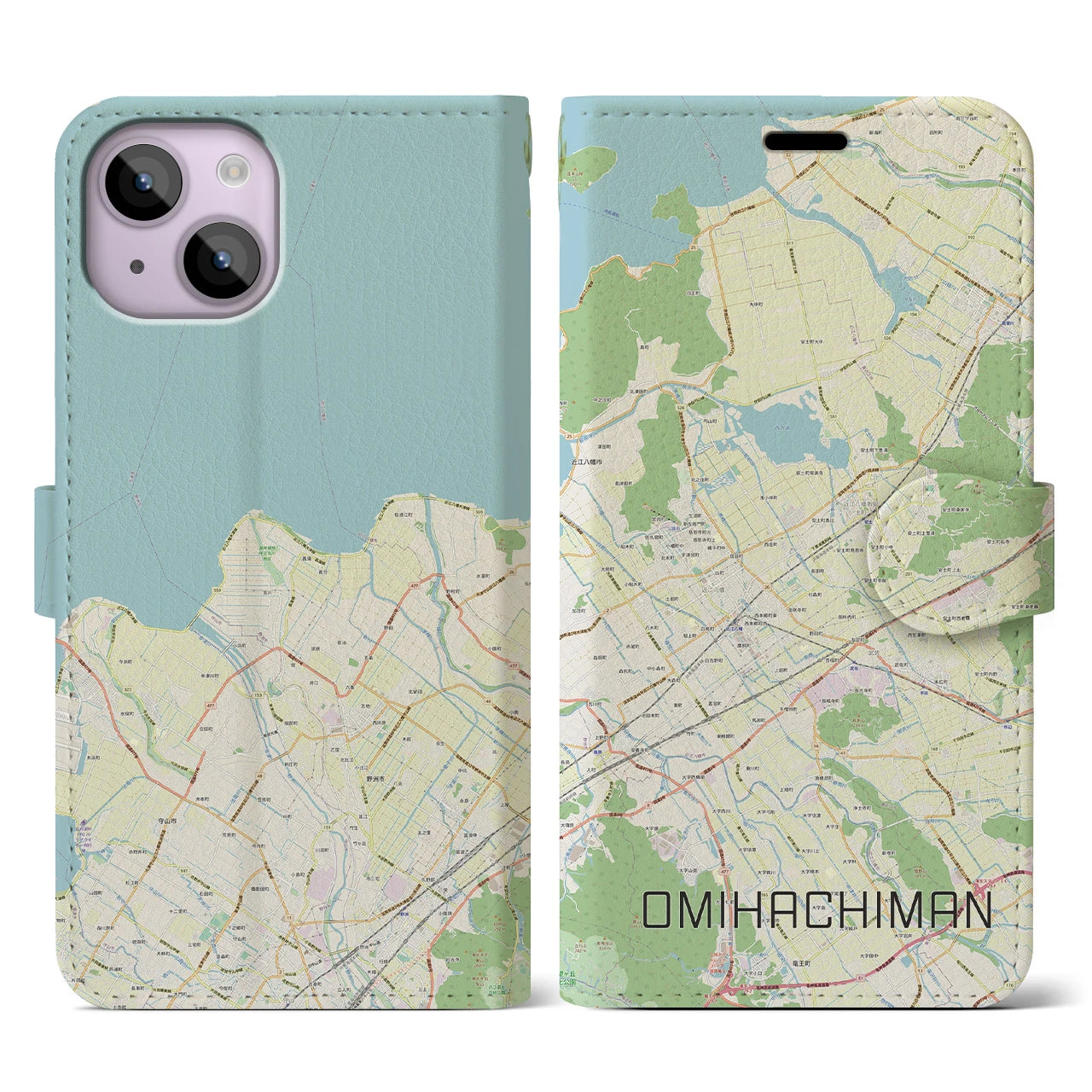 【近江八幡2(滋賀県)】地図柄iPhoneケース(手帳タイプ)ナチュラル・iPhone 14 用
