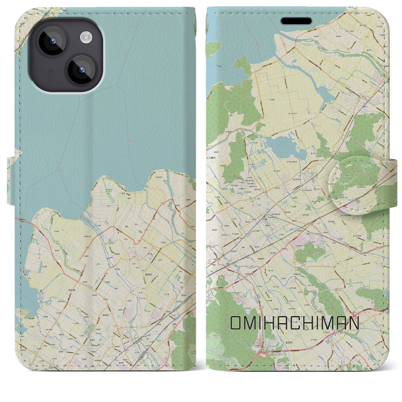 【近江八幡2(滋賀県)】地図柄iPhoneケース(手帳タイプ)ナチュラル・iPhone 14 Plus 用