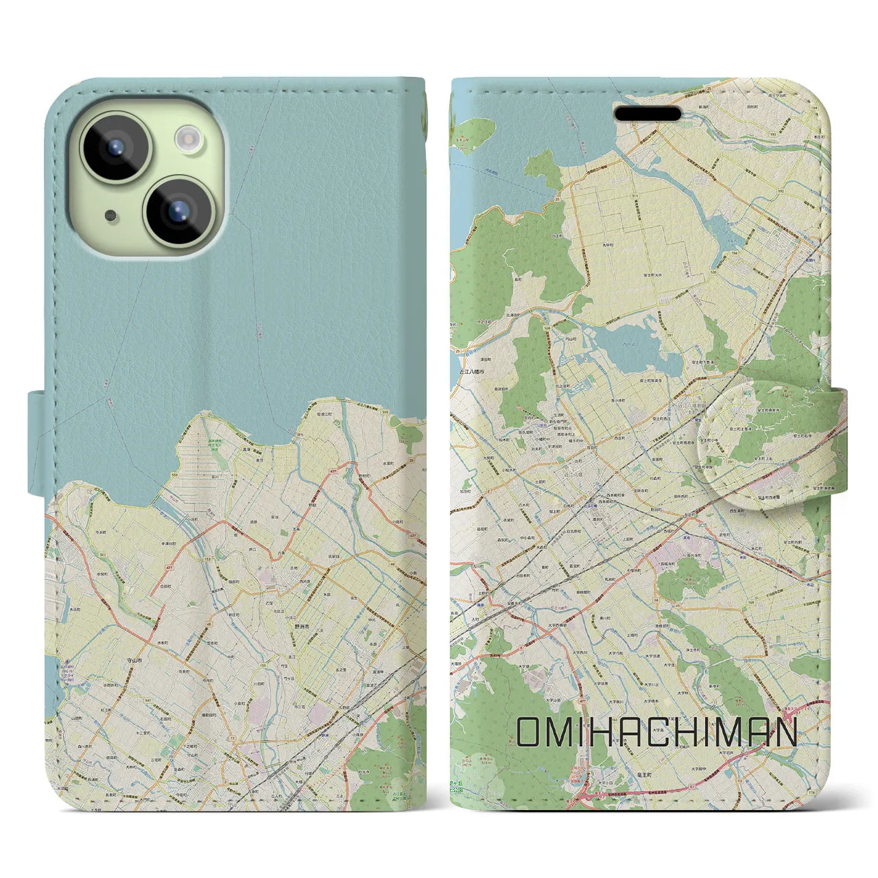 【近江八幡2(滋賀県)】地図柄iPhoneケース(手帳タイプ)ナチュラル・iPhone 15 用