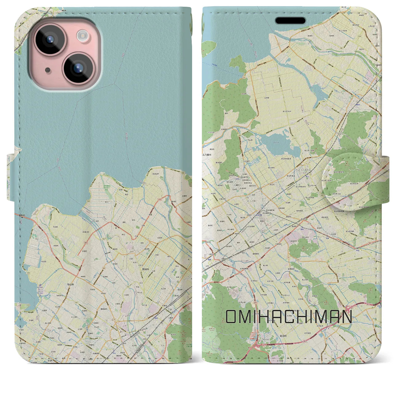 【近江八幡2(滋賀県)】地図柄iPhoneケース(手帳タイプ)ナチュラル・iPhone 15 Plus 用