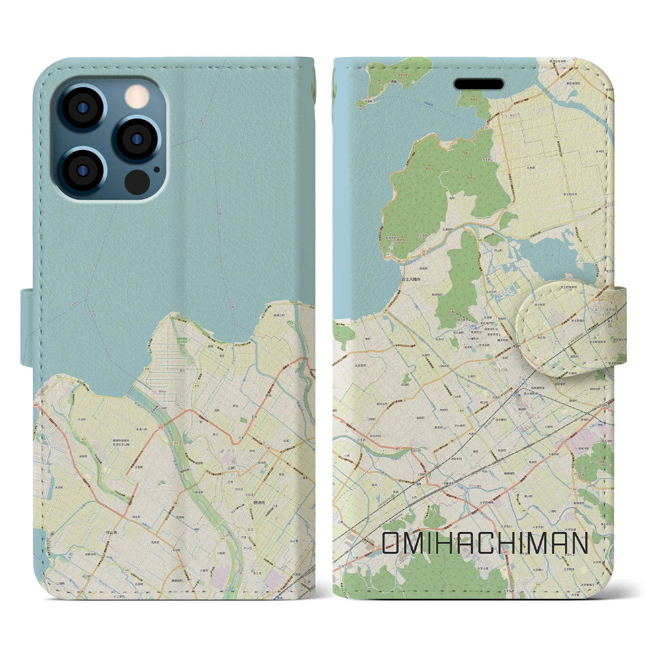 【近江八幡(滋賀県)】地図柄iPhoneケース(手帳タイプ)ナチュラル・iPhone 12 / 12 Pro 用
