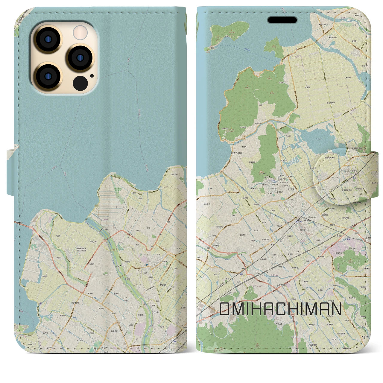 【近江八幡(滋賀県)】地図柄iPhoneケース(手帳タイプ)ナチュラル・iPhone 12 Pro Max 用