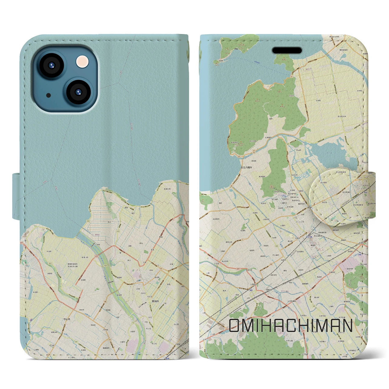 【近江八幡(滋賀県)】地図柄iPhoneケース(手帳タイプ)ナチュラル・iPhone 13 用