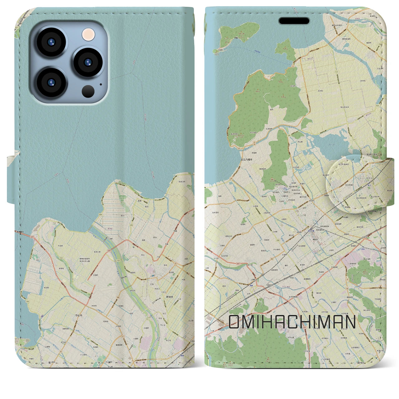 【近江八幡(滋賀県)】地図柄iPhoneケース(手帳タイプ)ナチュラル・iPhone 13 Pro Max 用