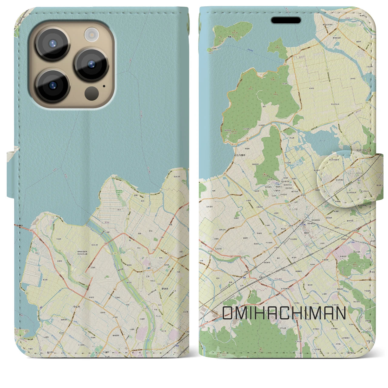 【近江八幡(滋賀県)】地図柄iPhoneケース(手帳タイプ)ナチュラル・iPhone 14 Pro Max 用