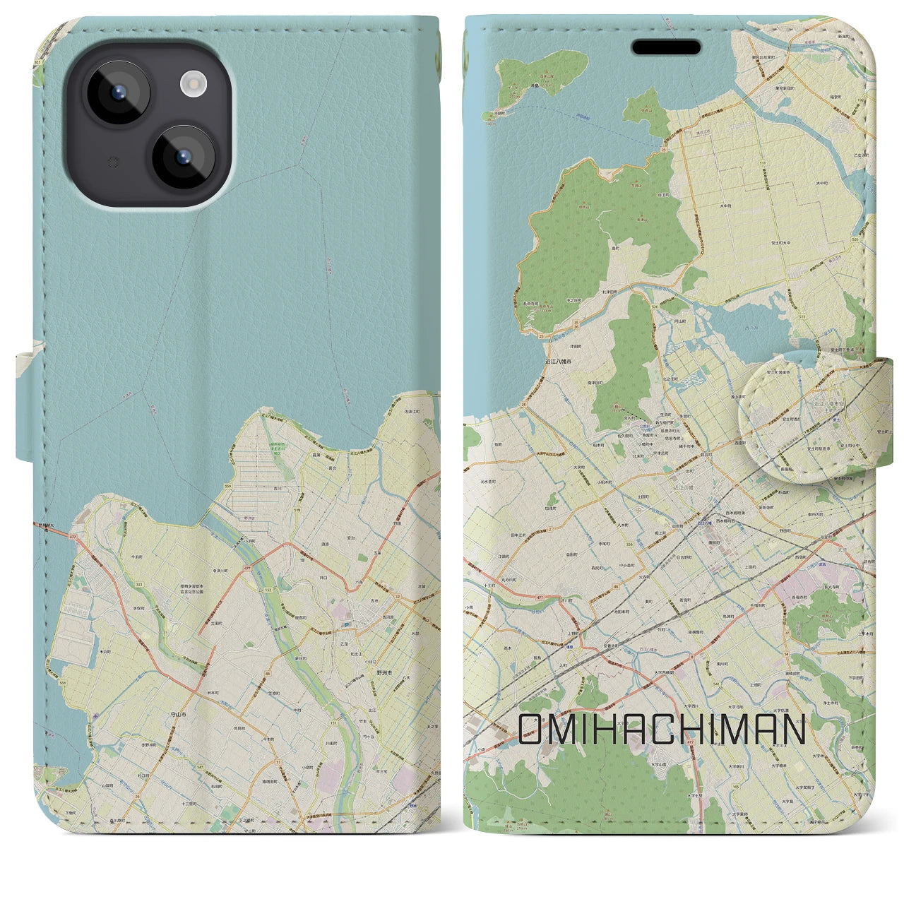 【近江八幡(滋賀県)】地図柄iPhoneケース(手帳タイプ)ナチュラル・iPhone 14 Plus 用