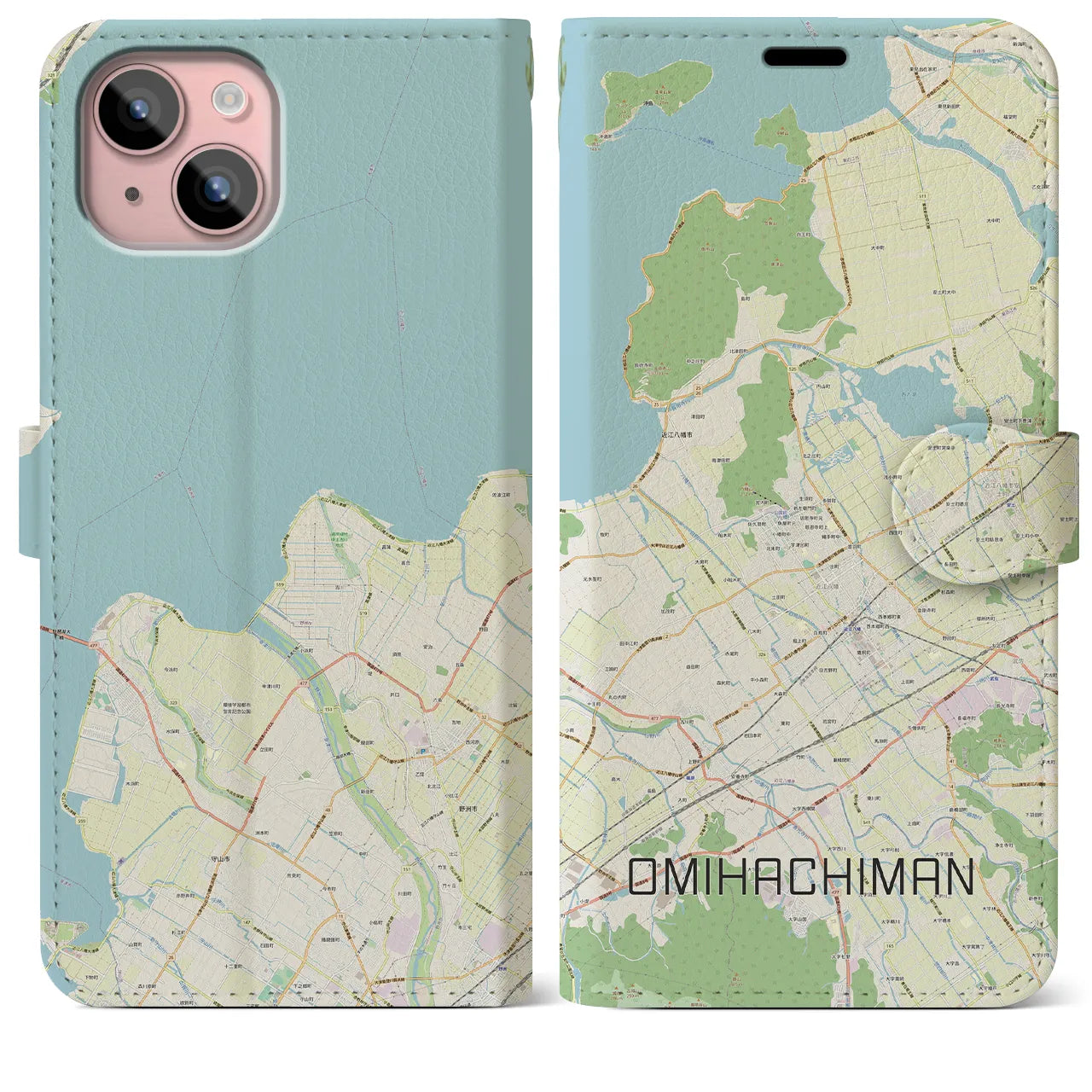 【近江八幡(滋賀県)】地図柄iPhoneケース(手帳タイプ)ナチュラル・iPhone 15 Plus 用