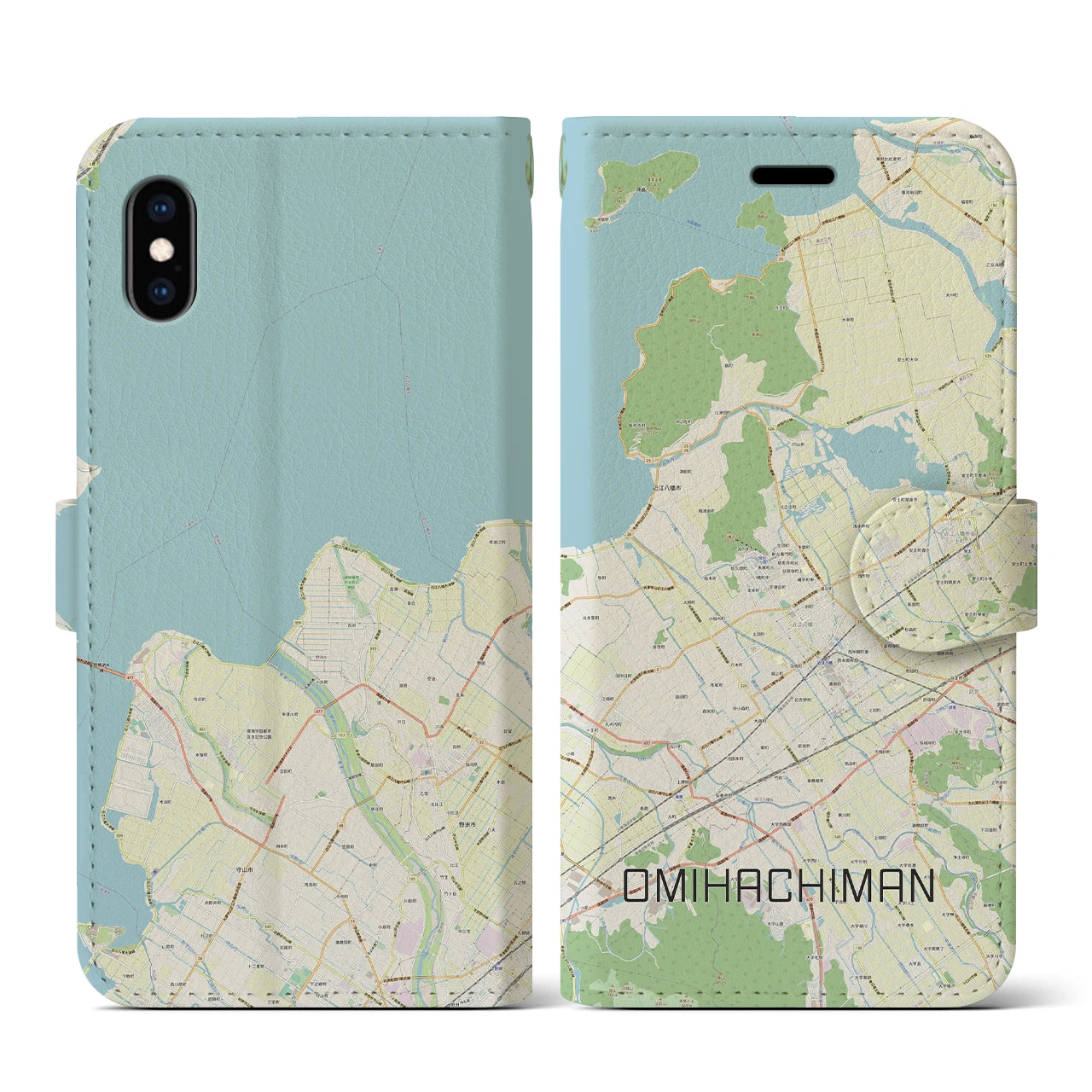【近江八幡(滋賀県)】地図柄iPhoneケース(手帳タイプ)ナチュラル・iPhone XS / X 用