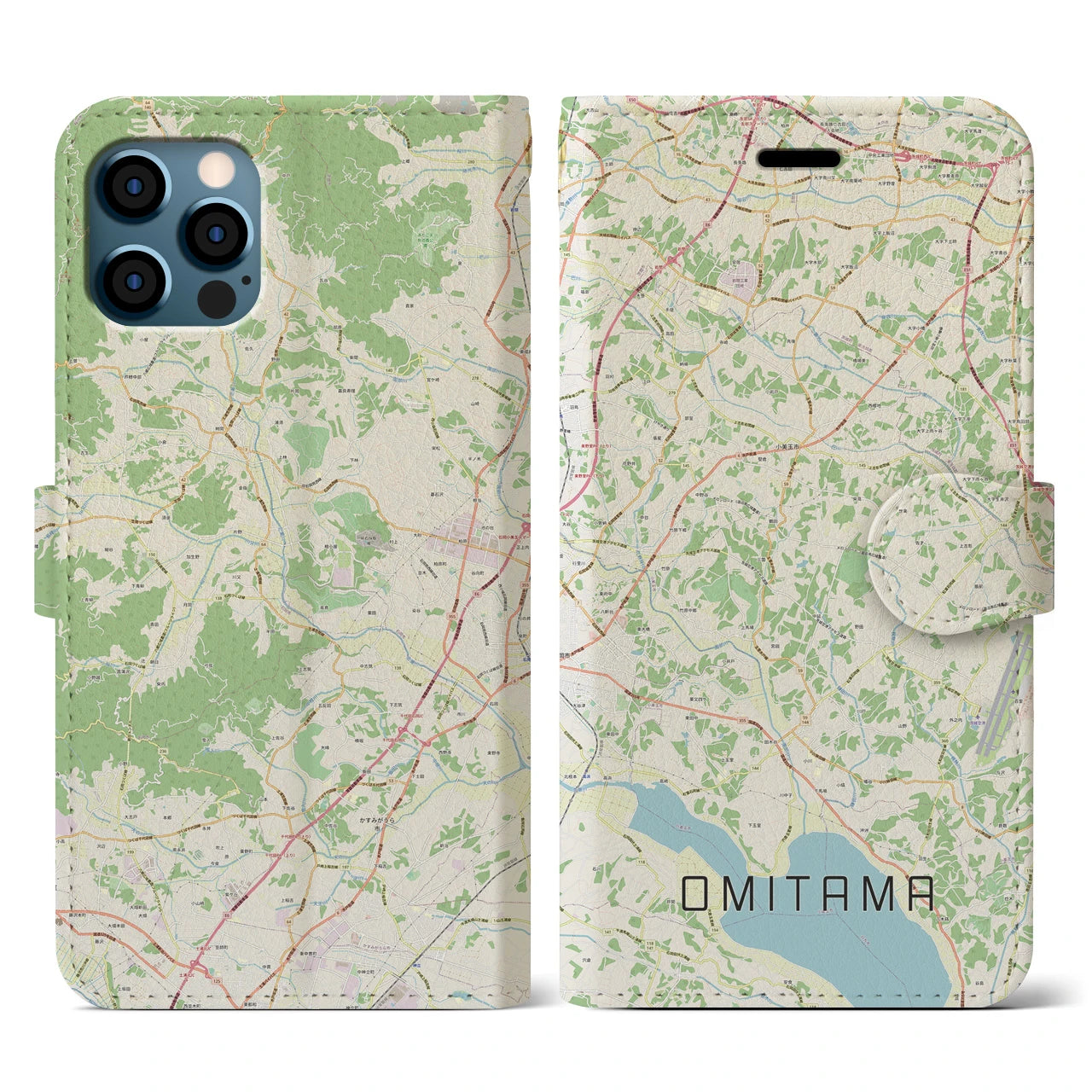 【小美玉(茨城県)】地図柄iPhoneケース(手帳タイプ)ナチュラル・iPhone 12 / 12 Pro 用