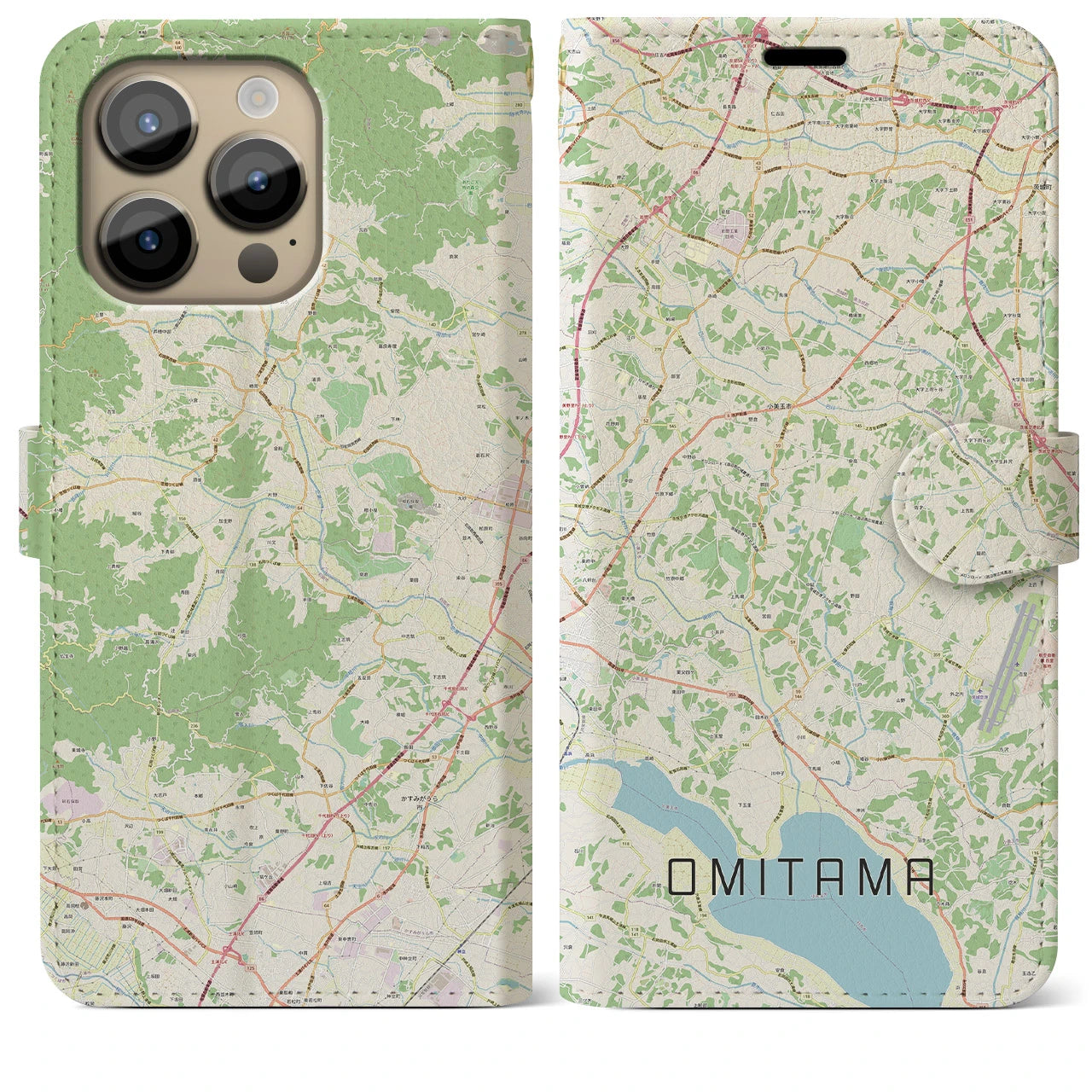 【小美玉(茨城県)】地図柄iPhoneケース(手帳タイプ)ナチュラル・iPhone 14 Pro Max 用
