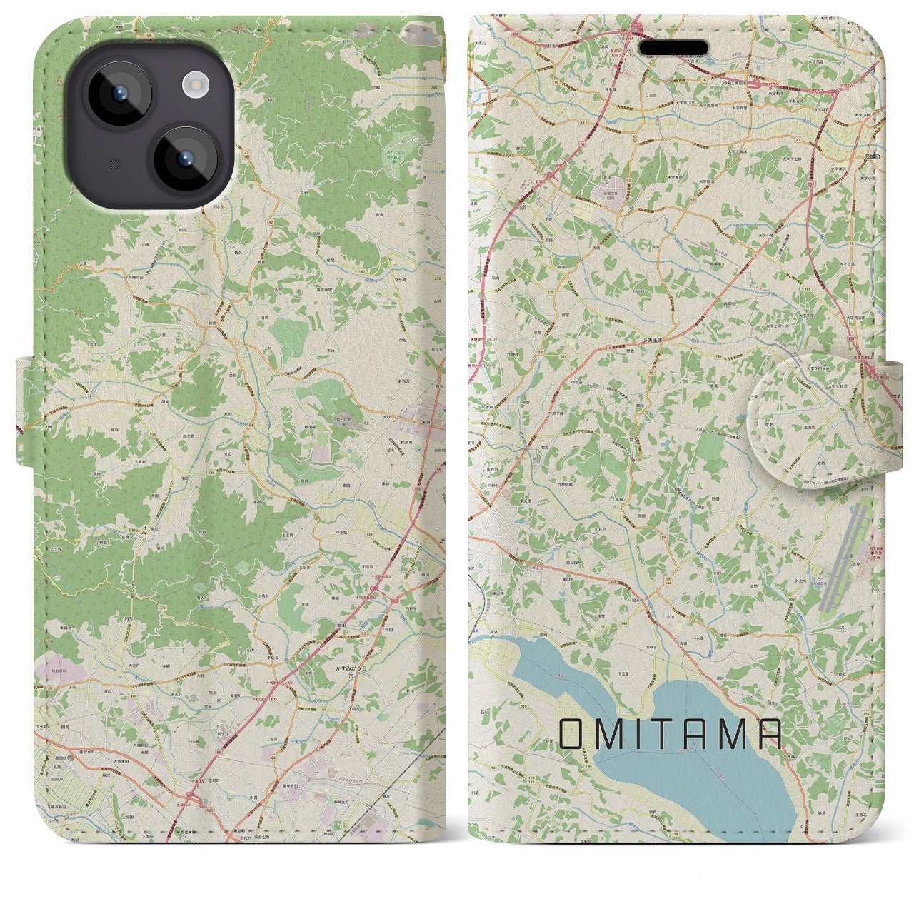【小美玉(茨城県)】地図柄iPhoneケース(手帳タイプ)ナチュラル・iPhone 14 Plus 用