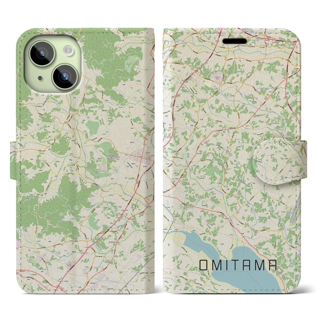 【小美玉(茨城県)】地図柄iPhoneケース(手帳タイプ)ナチュラル・iPhone 15 用