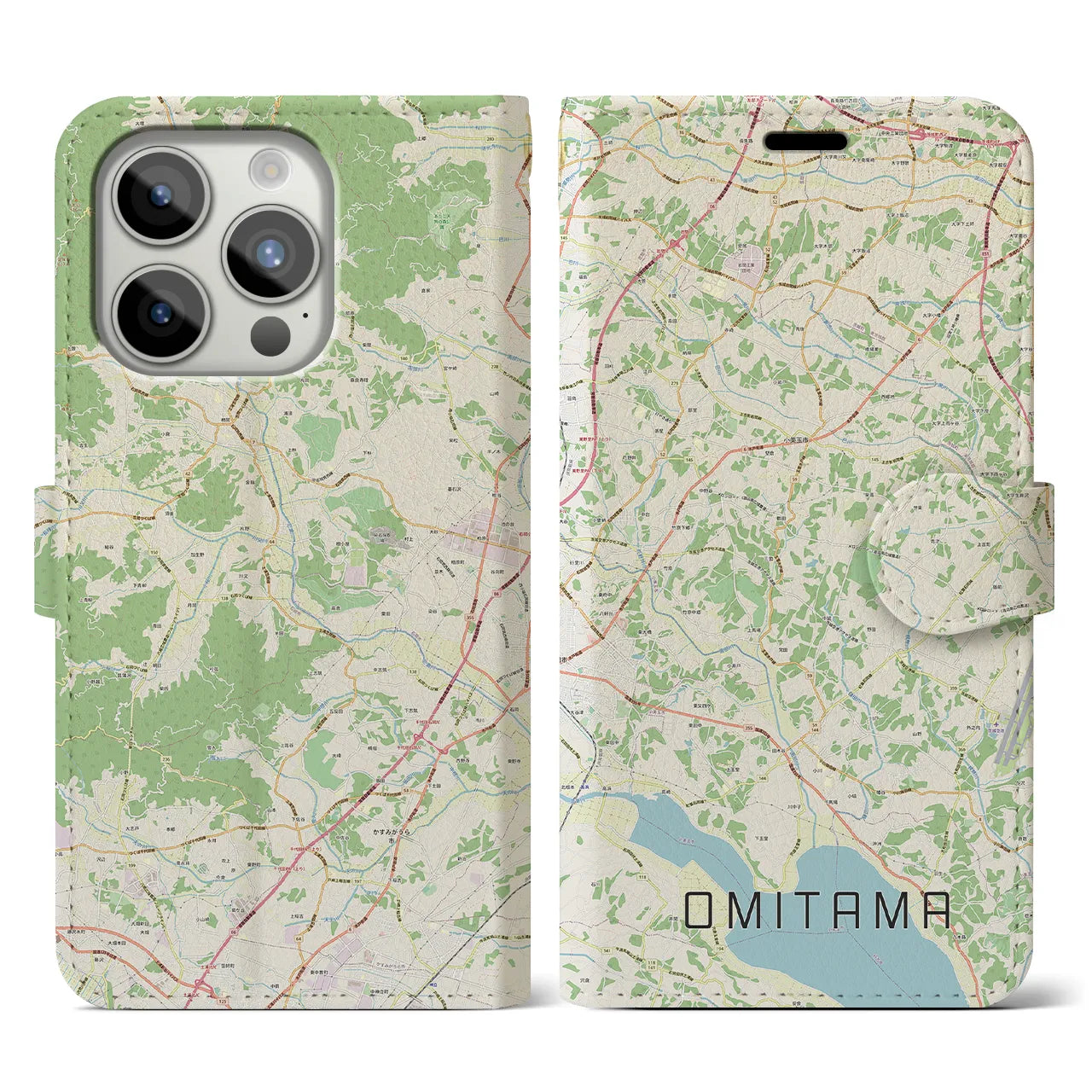 【小美玉(茨城県)】地図柄iPhoneケース(手帳タイプ)ナチュラル・iPhone 15 Pro 用
