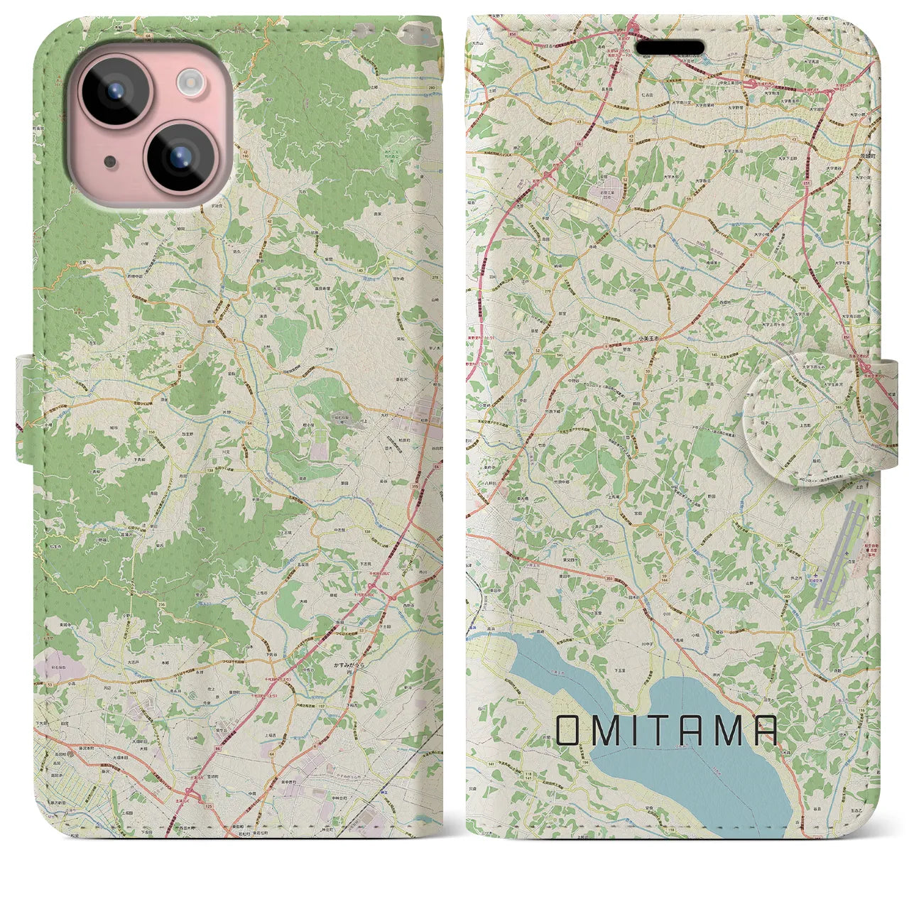 【小美玉(茨城県)】地図柄iPhoneケース(手帳タイプ)ナチュラル・iPhone 15 Plus 用
