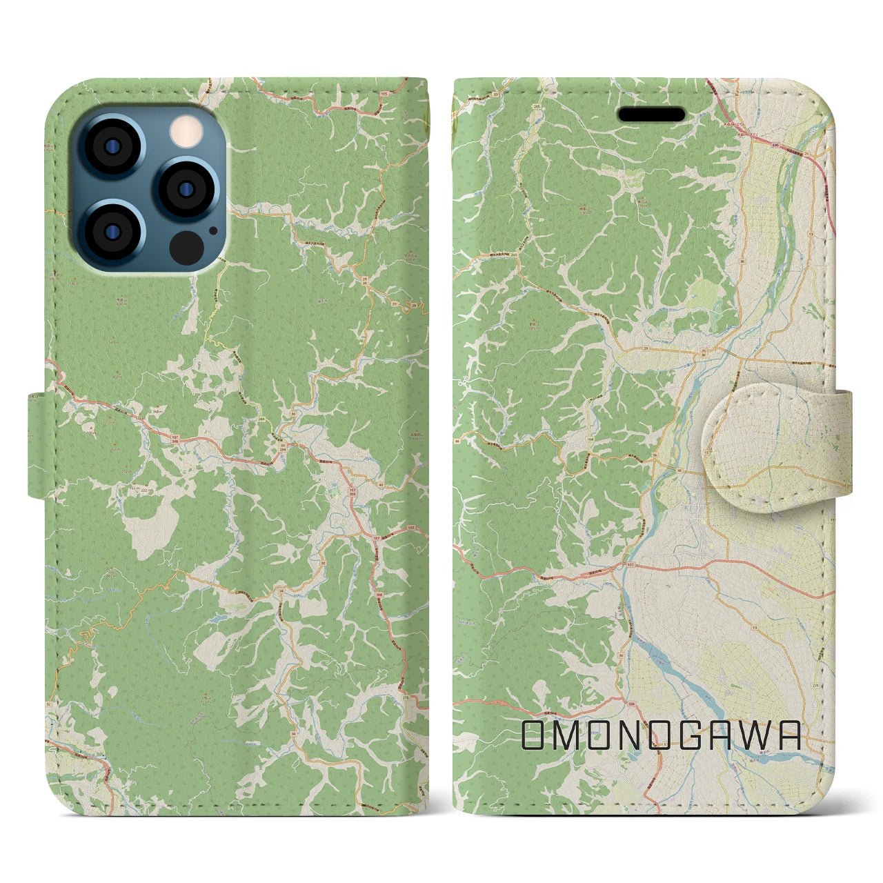 【雄物川(秋田県)】地図柄iPhoneケース(手帳タイプ)ナチュラル・iPhone 12 / 12 Pro 用