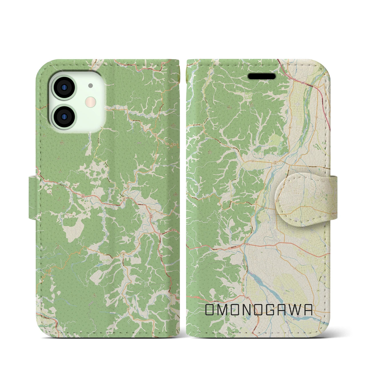 【雄物川(秋田県)】地図柄iPhoneケース(手帳タイプ)ナチュラル・iPhone 12 mini 用