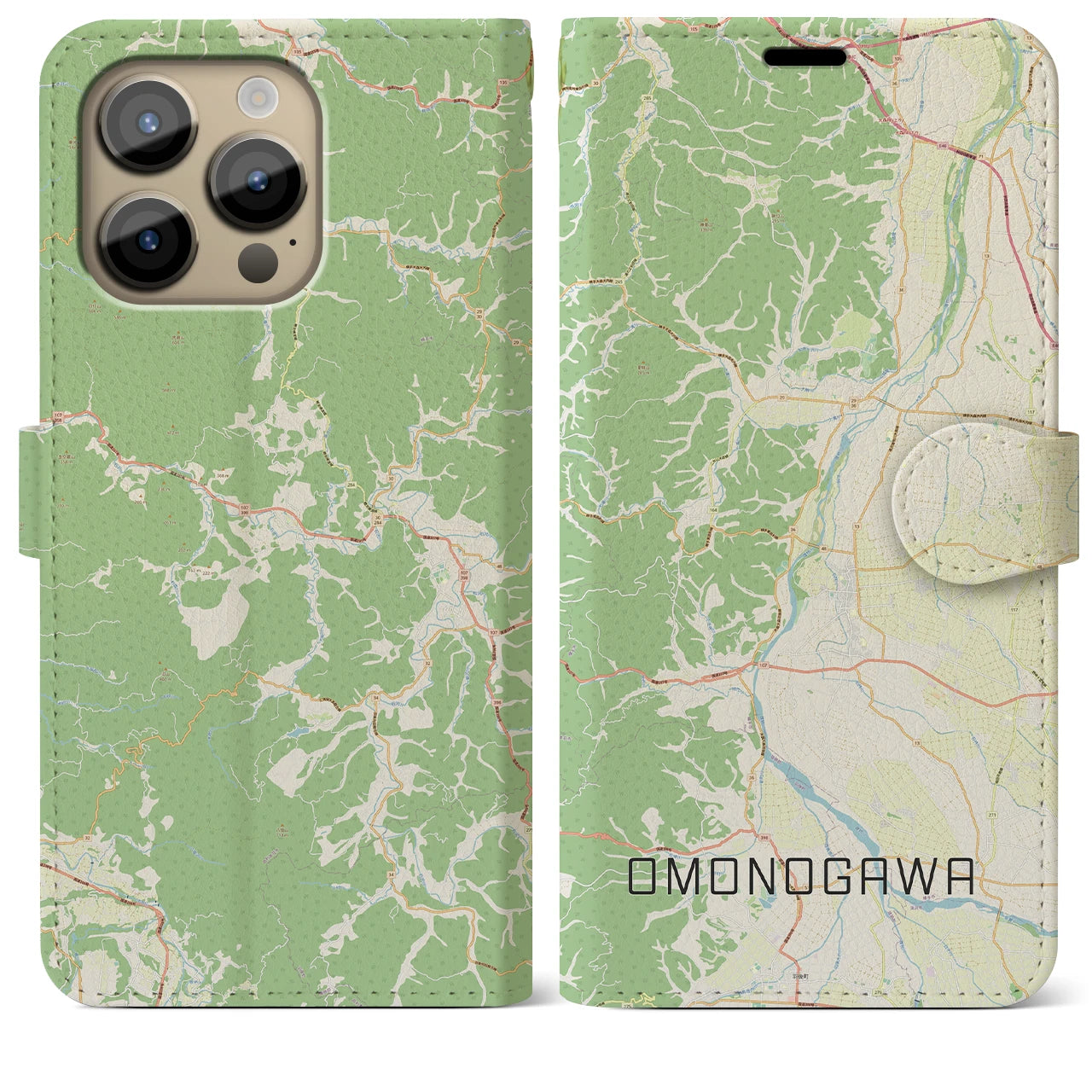 【雄物川(秋田県)】地図柄iPhoneケース(手帳タイプ)ナチュラル・iPhone 14 Pro Max 用