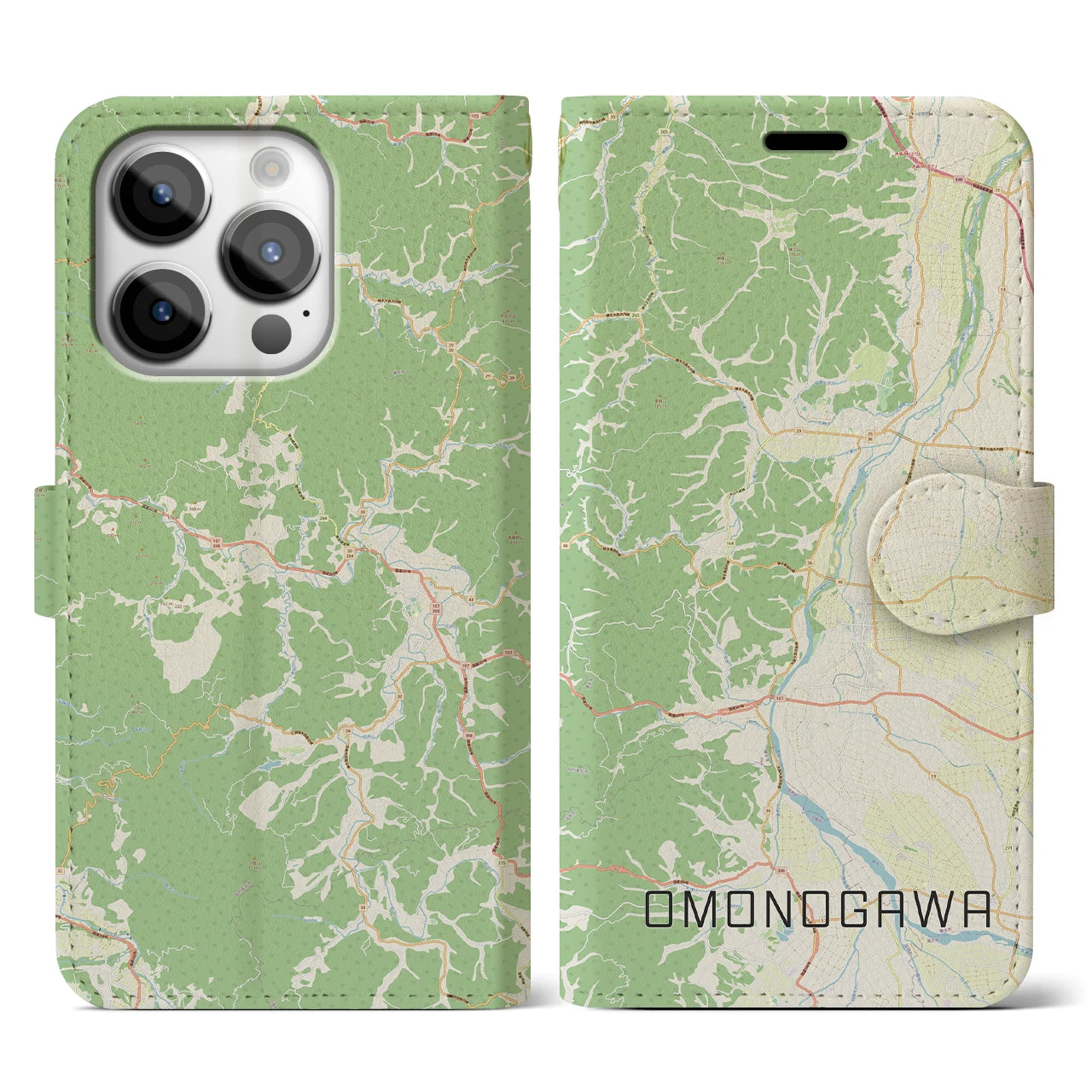 【雄物川(秋田県)】地図柄iPhoneケース(手帳タイプ)ナチュラル・iPhone 14 Pro 用
