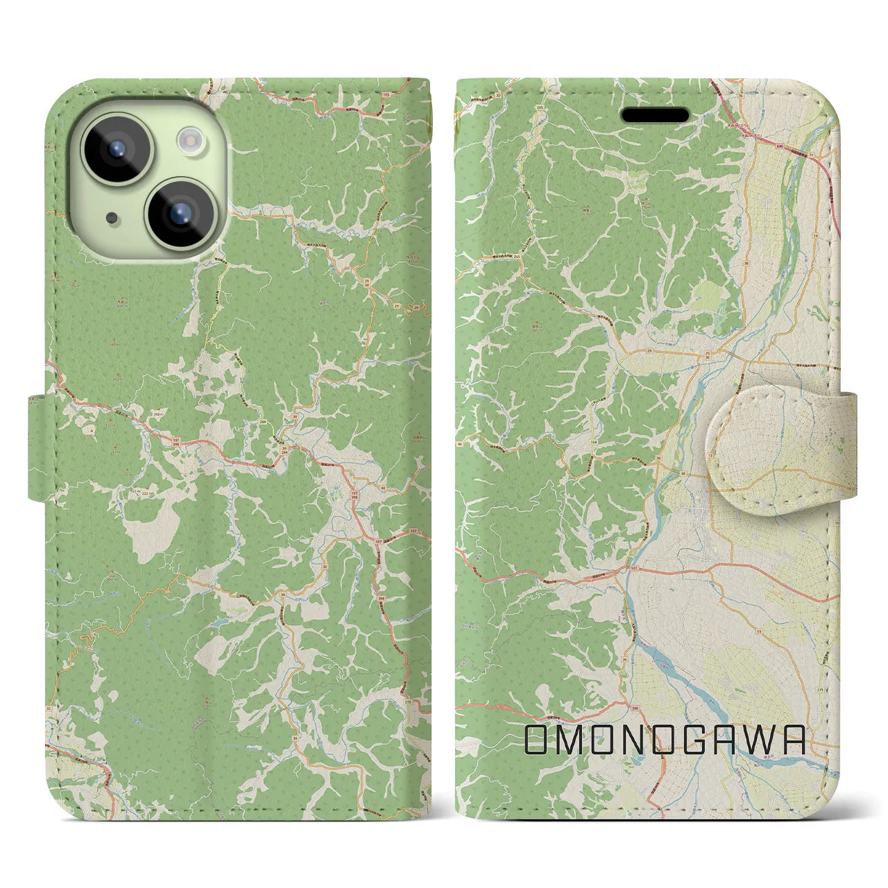 【雄物川(秋田県)】地図柄iPhoneケース(手帳タイプ)ナチュラル・iPhone 15 用